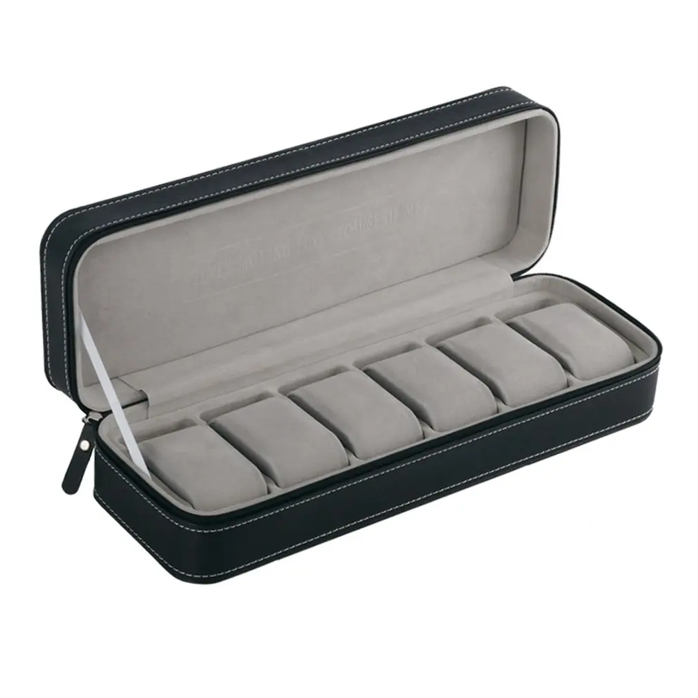 

Portable 6 Slots PU Leather Watch Box Storage Organizer With Zipper Classic Style Multi-functional Bracelet Display Case
