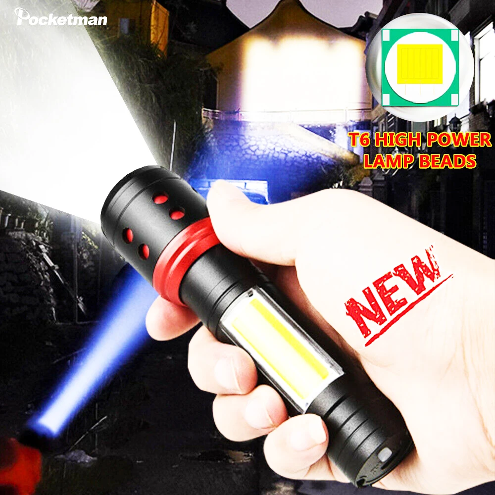 

Brightest COB + T6 flashlight Torch Rechargeable work light waterproof 4 modes Telescopic zoom flashlight with Built-in Battery