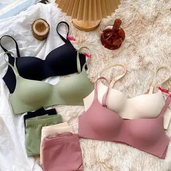 

Wriufred High-end simple smooth lingerie underpants suit comfortable seamless no steel ring thin cup bra underwear sets large
