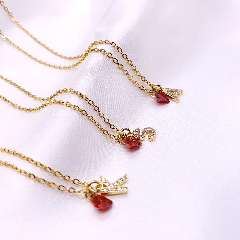 Fashion Tiny Red Stone Heart Dainty Initial Necklace Gold Color Letter Name Choker Statement Necklace For Women Pendant Jewelry