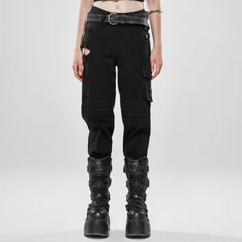 

PUNK RAVE Women War-dominated Punk Handsome Trousers Denim Fabric Personality Handsome Right Side Hollow Out Loose Pants