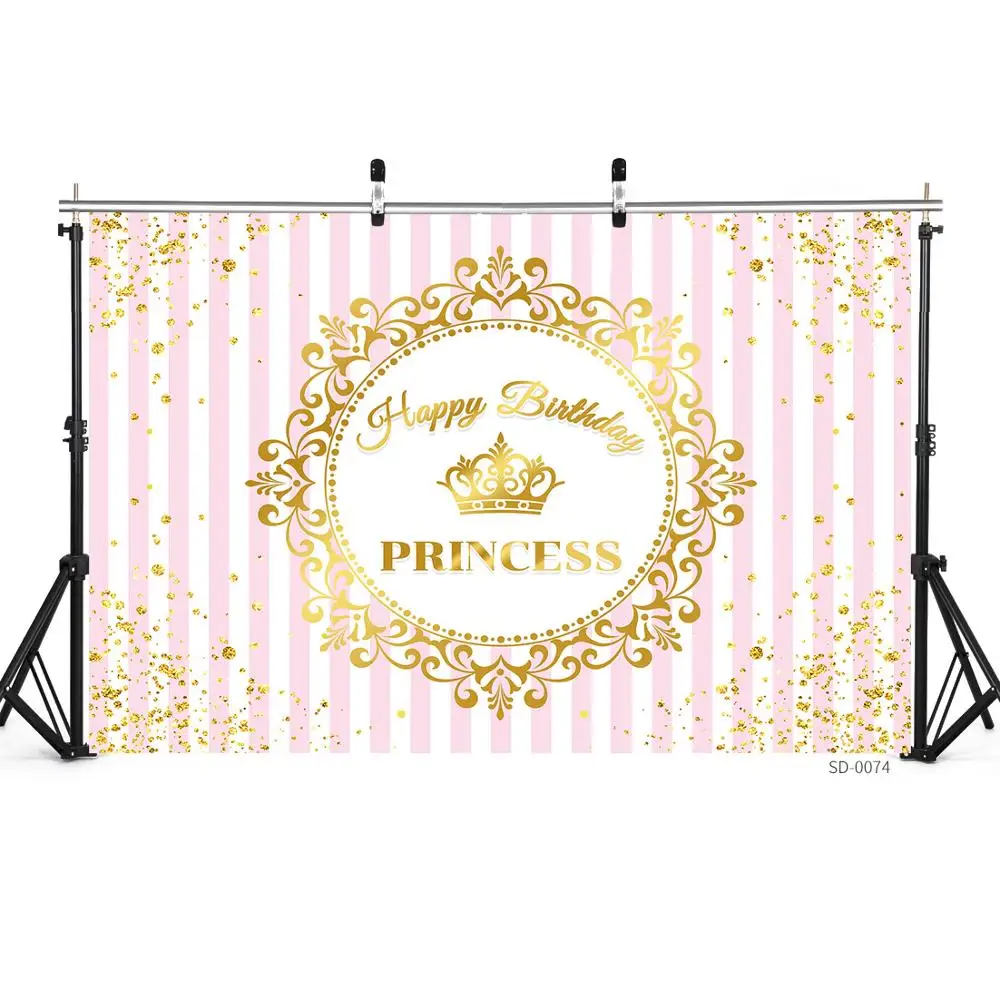 Golden Crown Flower Gold Stripe Curtain Birthday Party Banner Backgrounds Girl Princess Newborn Kid Photography photo backdrop