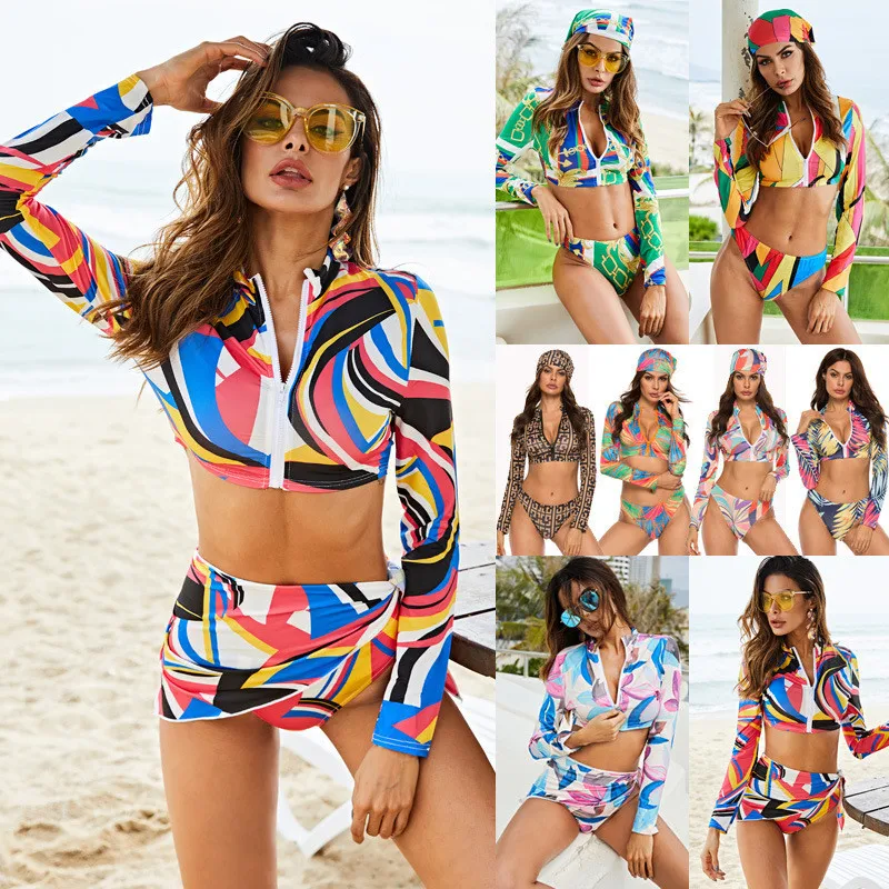 

S-5XL Women Conservative Bikini Set Long Sleeve Abstract Swimsuit Swimwear Push Up Brazilian Swim Suit Biquini Plavky Tankini