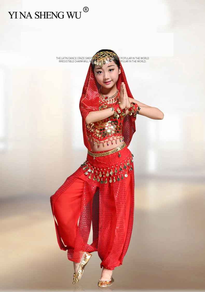 Детский комплект для танца живота, новейший детский индийский костюм для танца живота, Восточный танец живота, костюм для выступлений, костюм, 4 цвета