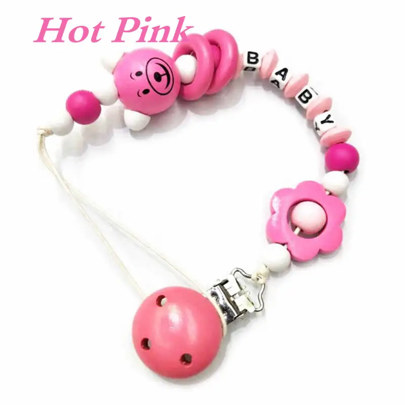 Hot Pink Соска-пустышка, клипса, детский держатель для соски, цепочка, медведь, Цветочные бусины, силиконовая деревянная пустышка с буквенным принтом, защита от падения, для кормления новорожденных - Цвет: Hot Pink