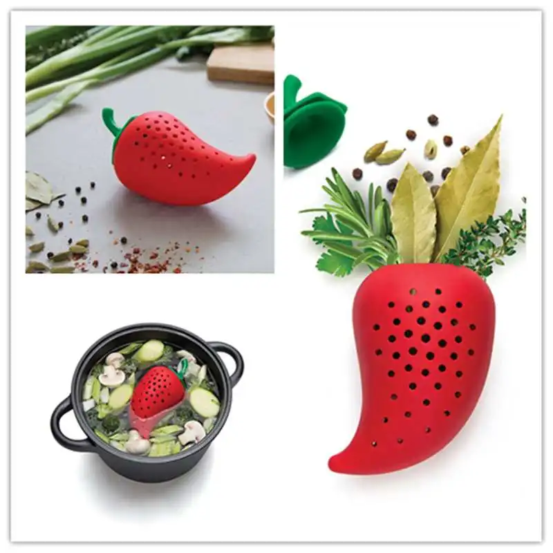 

Hot Sale Creative Chilli Shape Spice Filter Reusable Food Grade Silicone Boats Seasoning Bags Tea Ball Herbal Kitchen Gadgets
