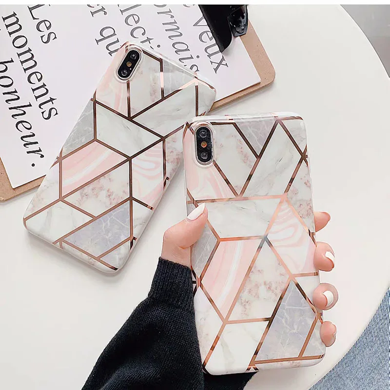 Onnlink Geometric Luxury Marble Plating Case for IPhone 11 Pro Max X XR Xs 6 6s 7 8 Plus Soft TPU Phone IMD Full Cover |