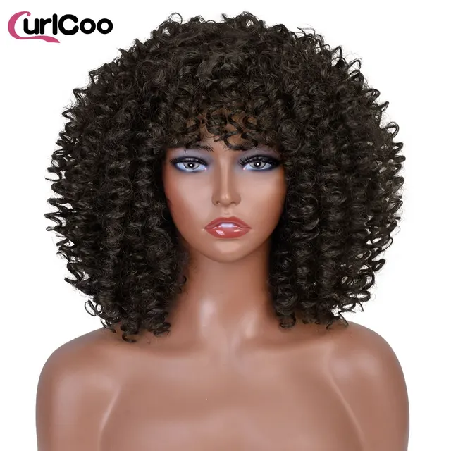 Short Afro Kinky Curly Wigs With Bangs For Black Women Synthetic Ombre Natural Heat Resistant Hair Brown Cosplay Highlight Wigs #2