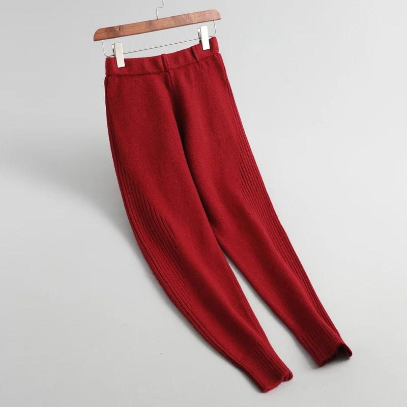 Женские шерстяные брюки, короткие однотонные двойные карманы, высокая талия, свитер, узкие брюки, элегантные осенне-зимние теплые трикотажные брюки - Цвет: Red wine