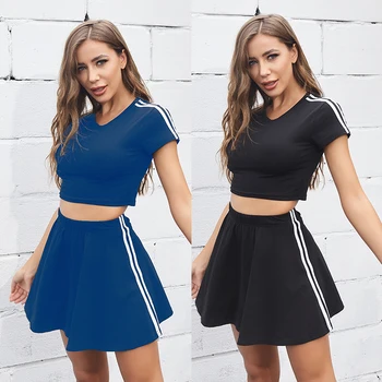 

2020 new suit summer stripe two-piece skirt solid color sportswear short sleeve long and short group fashion wild thin cotton