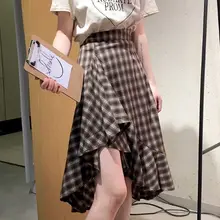 Клетчатая клетчатая юбка с узором Асимметричная Новое поступление винтажные женские летние элегантные пляжные юбки в стиле бохо с высокой талией