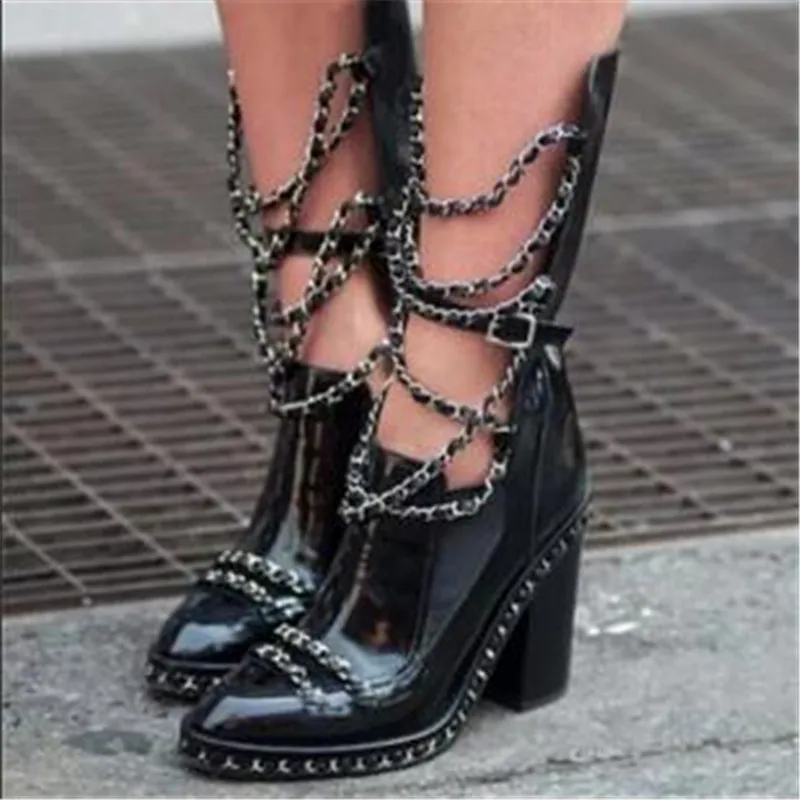 

Chained Boots Motorcycle Boots Chunky Short And Long Boots Autumn Winter Women High Heels Black Overknee Women Shoes Size 35-43