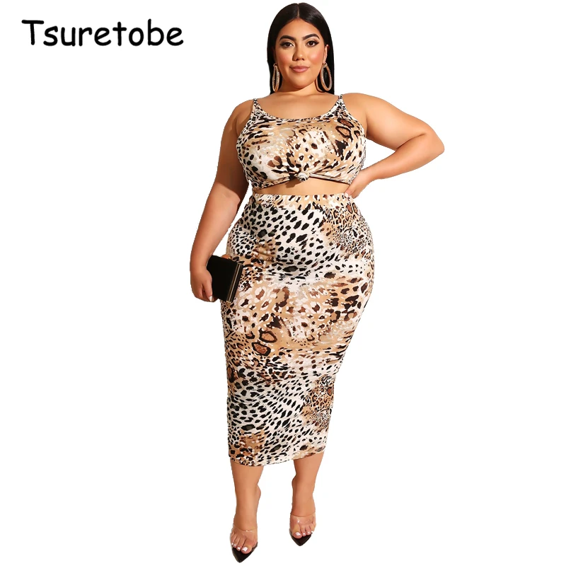 

Tsuretobe Plus Size Sexy Leopard Print Two Piece Set Sleeveless Women Knotted Tank Crop Top And High Waist Tight Midi Skirts Set