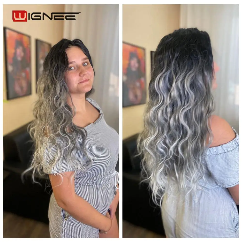 Wignee 4pcs/Lot 3 Bundles With Closure Wave Synthetic For Women Heat Resistant Blue/Purple/Brown/Grey Hair For Women Extensions
