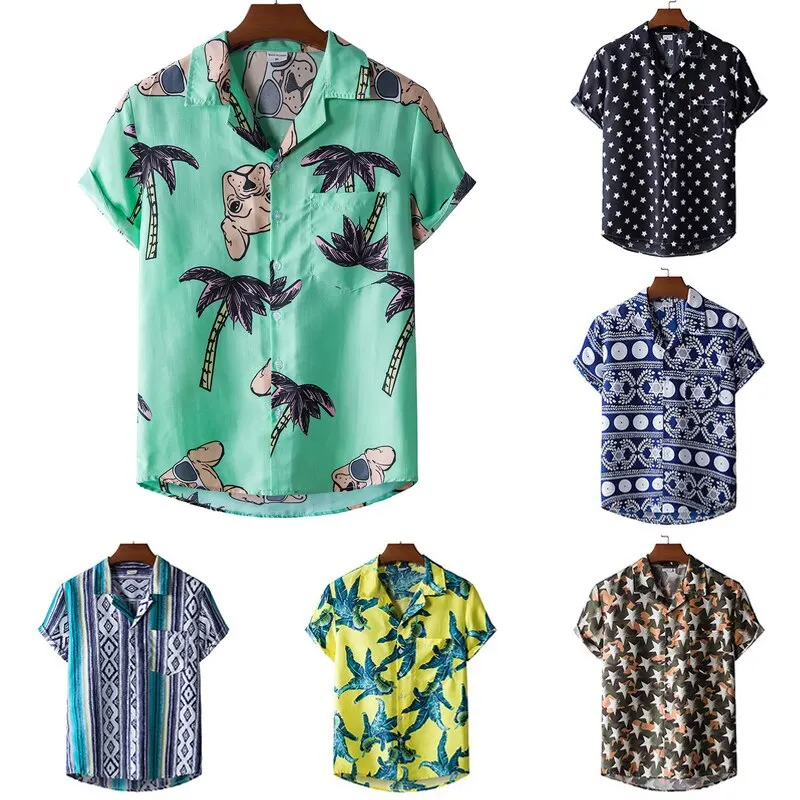 Camisa holgada de manga corta con cuello levantado para hombre, ropa de calle hawaiana con estampado de estilo étnico, informal, novedad de 2021