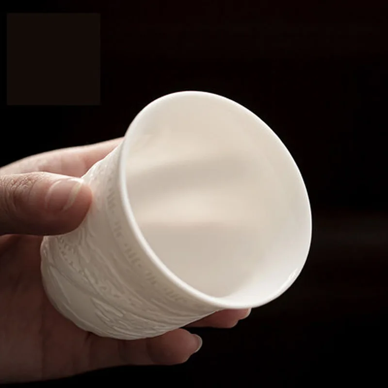 Dragon and Phoenix Pattern White Porcelain Teacup, Three-Dimensional Embossed Ceramic Coffee Cup, Bowl Mug, Drinkware, 180 ml