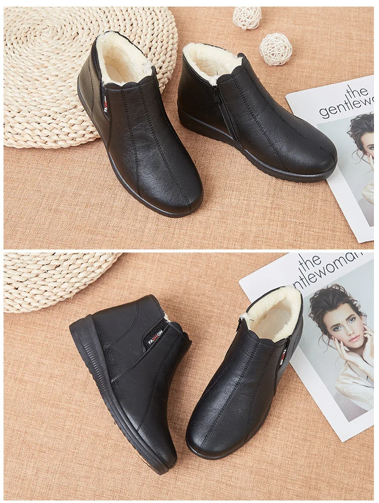 2025 Top Quality Mom Leather Ankle Boots Women Non-slip Winter Fur Snow Boots Female Wedge Oxford Sneakers Womens Winter Shoes