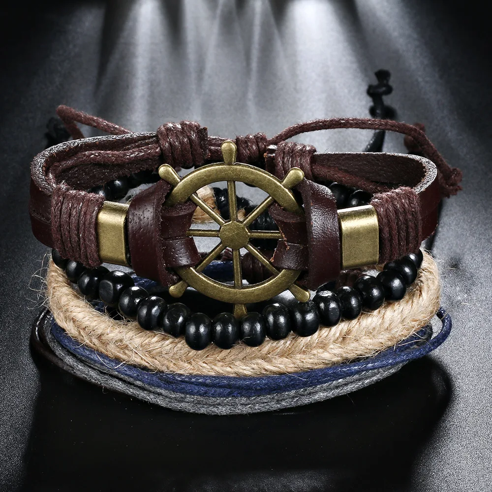 Привет Человек Винтаж Панк Многослойный кожаный браслет для мужчин цинковый сплав рулевой Морской браслет классические ювелирные изделия оптом