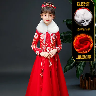 fleece red collar Осенне-зимние плотные костюмы Чонсам для девочек с супер сказочным принтом+ юбки, новогодний наряд в китайском стиле, костюмы для девочек, От 4 до 13 лет - Цвет: fleece red collar