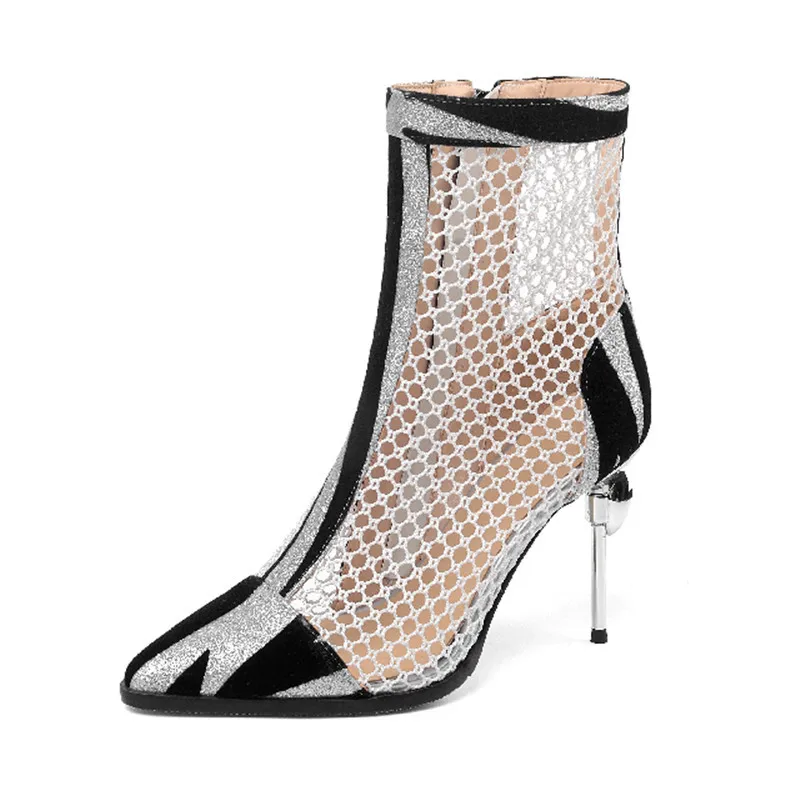 2020 Summer Zebra Print Ankle Boots For Woman Lace Mesh Hollow Cutout Lady Shoes Boots Rhinestones High Heel Sandals Big Size 50 (8)