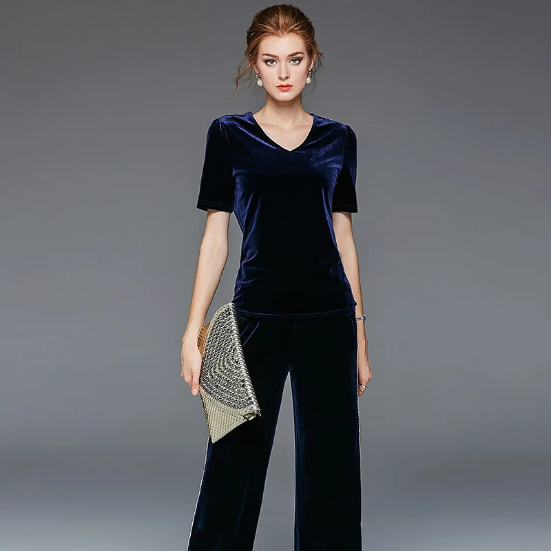 Tweedelige set top en broek 2019 vrouwen Herfst Nieuwe V-hals Korte mouw Tops + Elastische Taille Kralen lange Broek fluwelen Set
