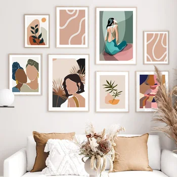 

Abstract Girl Body Face Line Leaf Plant Nordic Vintage Poster Wall Art Print Canvas Painting Wall Pictures For Living Room Decor