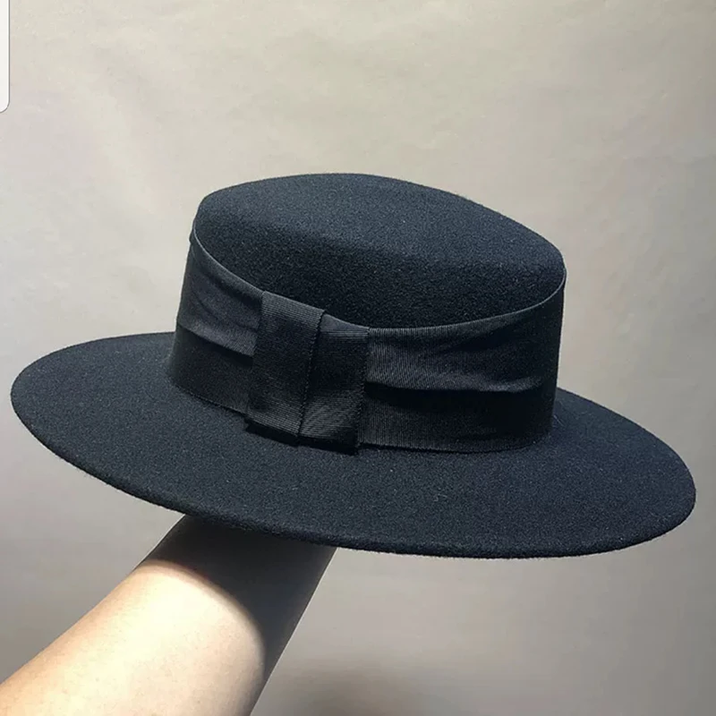 Модная женская шерстяная шапка, элегантная лента, большие краи, европейский стиль, вечерние шляпы, плоская верхняя шапка, шапка с бантом, осенне-зимняя шапка - Цвет: 2