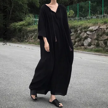 

SHENGPALAE 2020 New Fashion Spring Black Loose High Waist Slim Was Thin Elegant Vintage V-neck Bandwidth Loose Dress ZA2887