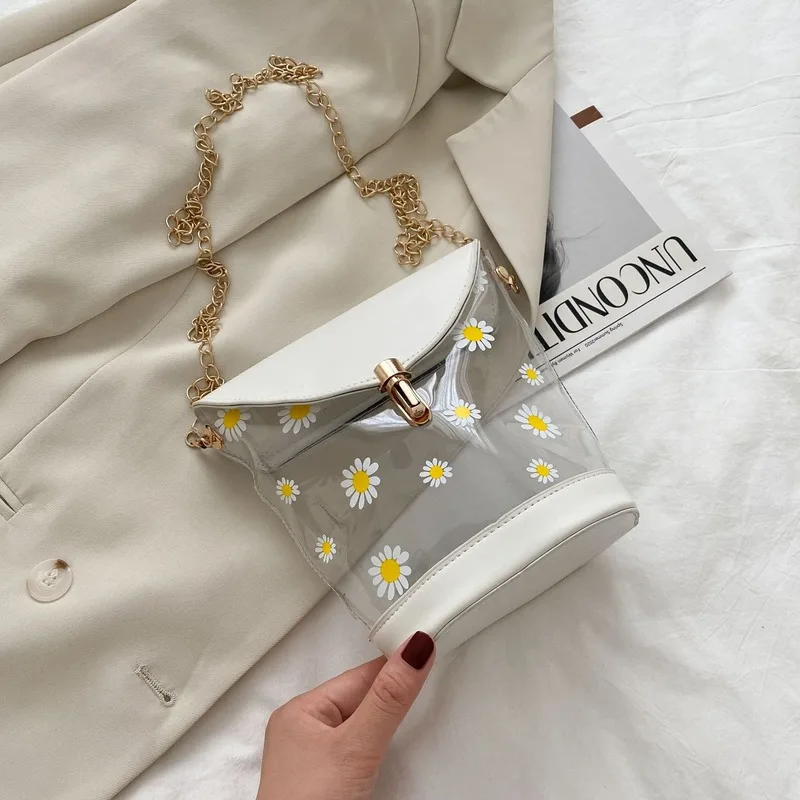 

2020 New Korean Version of The Small Fresh Chain Bucket Bag Fashion Transparent Small Daisy Women's Shoulder Messenger Bag