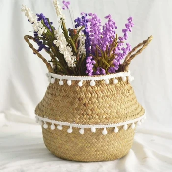 

1PC Garden Foldable Rattan Basket Straw Basket Flower Pot Hanging Wicker Storage Basket Woven Seagrass Basket