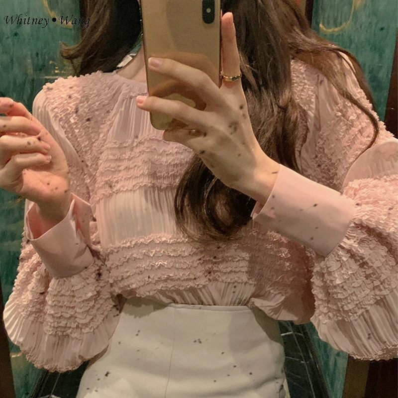 WHITNEY WANG Blouses 2020 Spring Fashion Streetwear Lantern Sleeve Ruffled Chiffon Blouse Women Blusas Lady Shirt Top | Женская одежда
