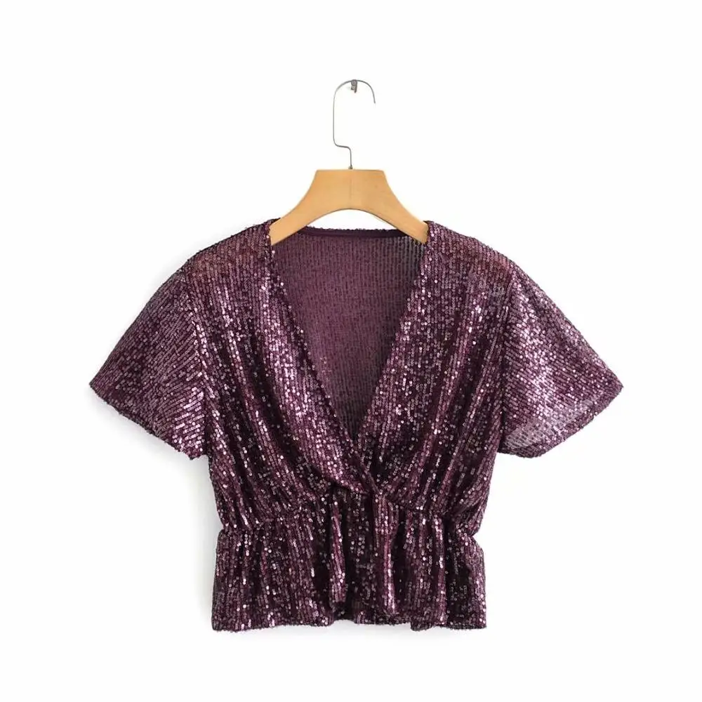 

New 2020 women sexy cross v neck casual sequins smock blouse office lady elastic waist shirts brand short femininas tops LS6142