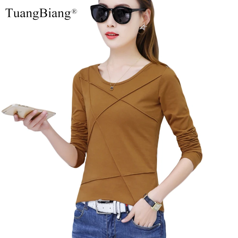 

TuangBiang 2022 Women Bright Line Decoration Long Sleeve Solid T Shirt Cotton Ladies Slim Soft Korea Casual Fashion O-Neck Tops
