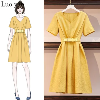 

Summer New Vintage V-Neck Solid Sundress 2020 4XL Plus Size Short Sleeve Loose Sashes Mini Dress Bodycon Party Elegant Vestidos
