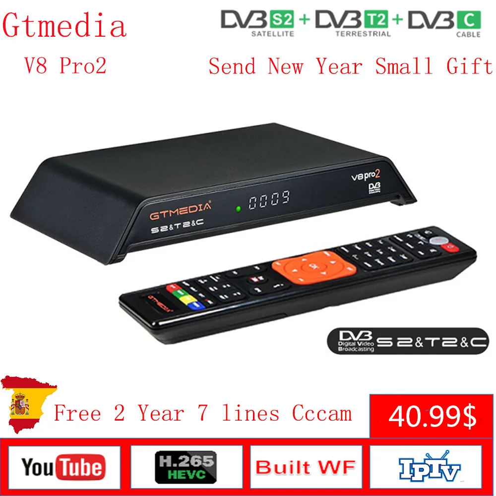 

Gtmedia V8 pro2 Satellite Receiver Built-in WIFI H.265 Freesat V8 DVB-T2 DVB-S2 DVB-C Super Receptor Free 2 Year 7 lines Cccam