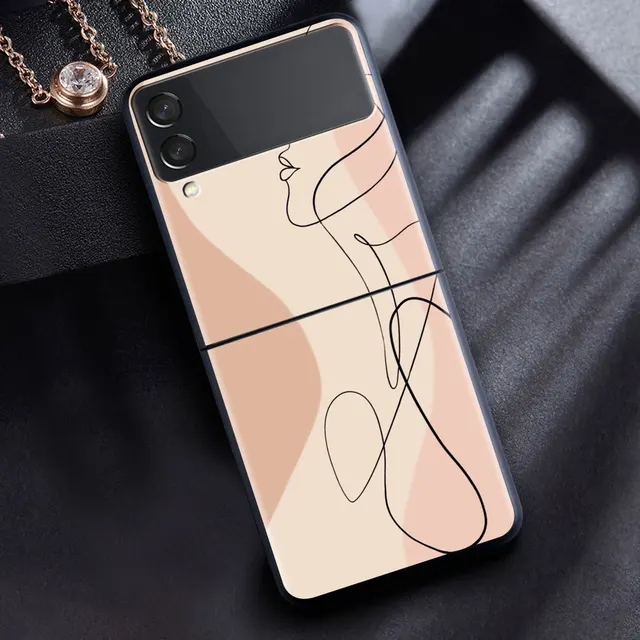 For Samsung Galaxy Z Flip 3 5G Case Luxury Matte Black Hard Phone Cover ZFlip 3 Shockproof Fundas Shell Abstract Women Face Line B05