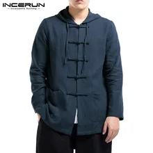 INCERUN, Китайская традиционная рубашка, мужская, длинный рукав, хлопок, лен, повседневная, с капюшоном, на пуговицах, Ретро стиль, одноцветная, Hanfu, топы, мужские рубашки