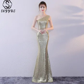 

Skyyue One Shoulder Sexy Zipper Evening Dresses Mermaid Elegant Floor Length Party Gown Evening Gowns Formal Dresses LX184