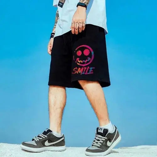 HMZ 2021 Summer New Drawstring Smiley Print Shorts Men Casual Jogger Sweathshorts Plus Size Workout Gym Shorts Streetwear Men smart casual shorts mens Casual Shorts