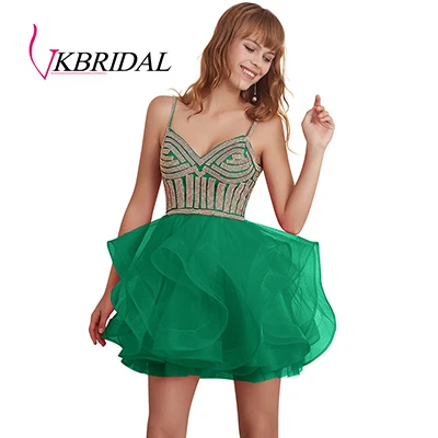 Зеленый VKbridal блеск с кристаллами для платья для выпускного короткие для юниоров сладости 16 вечерние свадебные платья кружево на спине бальное платье из тюли для выпускников - Цвет: Зеленый