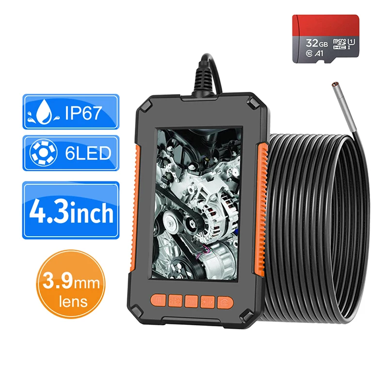 Cámara endoscopio Industrial de 3,9mm, 1080P, HD, 4,3 , pantalla IPS, drenaje de tuberías, cámara de inspección de conductos, IP67, cámara de serpiente con 32GB