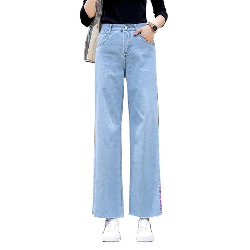 Модный уличный женский джинсовый, синие джинсы брюки Femme Pantalon с высокой талией свободные широкие брюки большие размеры 26-32