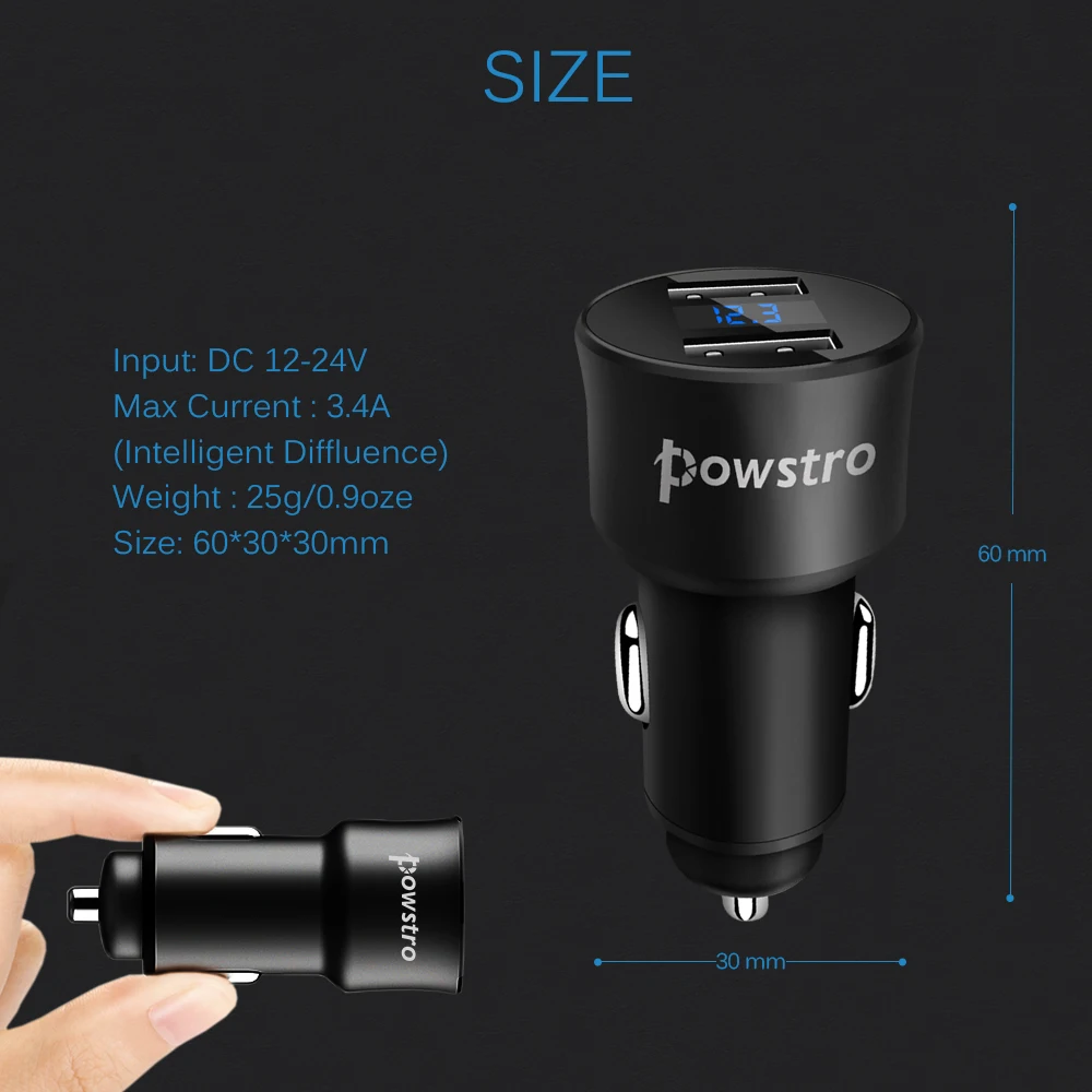Адаптер для быстрой зарядки Powstro 2 USB Автомобильное зарядное устройство H2 5V 3.4A цифровой экран металлическое охлаждающее Напряжение Мониторинг тока Автомобильное зарядное устройство