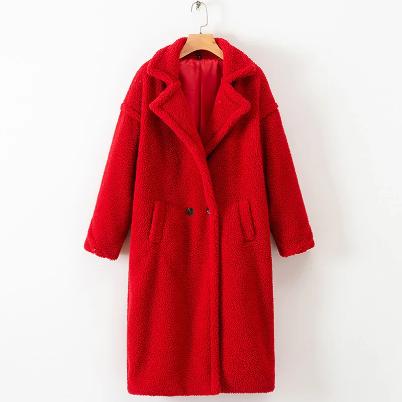 RR, одноцветное двубортное шерстяное пальто для женщин, модные куртки из искусственного плюша, женские элегантные пальто с карманами для женщин II - Цвет: XDWL1681 Red