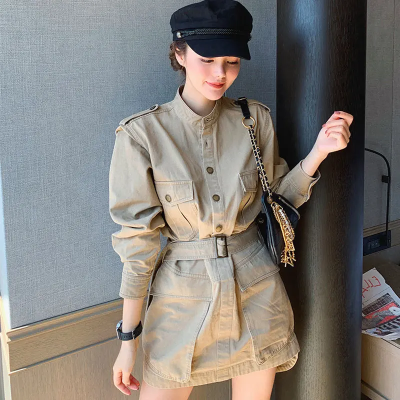 

Workwear Dress Female Autumn 2019 New Style Elegant Waist Hugging Hong Kong Style Cowboy Long Sleeve High-waisted Shirt Dress Ha