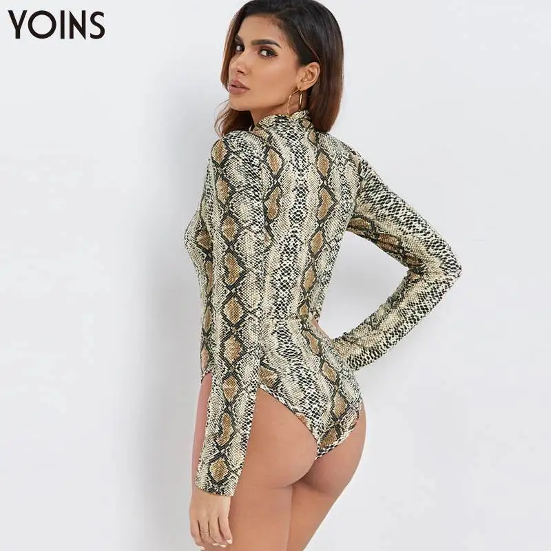 YOINS, женское винтажное боди с животным принтом, с высоким воротом, с длинным рукавом, осень зима стильная одежда для подвижных игр, повседневный Модный женский топ