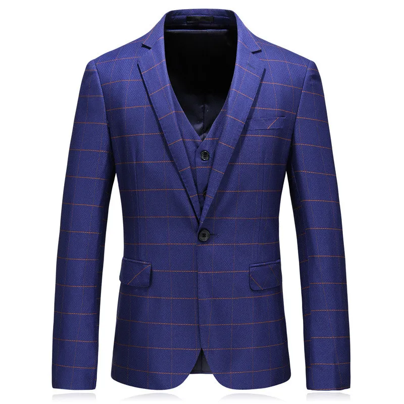 Men's suit high quality plaid single button men's suit 3 piece set(jacket+ pants+ vest) men's business casual formal suit