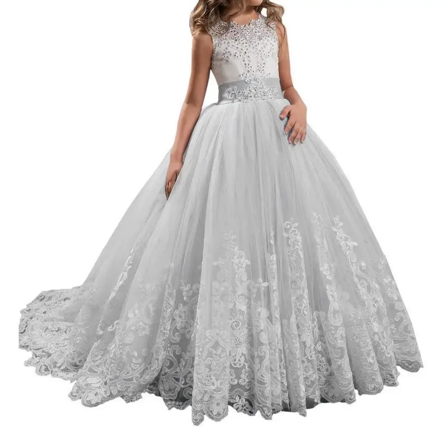Серебристый Vestidos de primera comunión/Новинка; кружевное платье с аппликацией из Алина, бирюзы, лаванды, розовый мятный зеленый, бордовый цвет; Свадебные Платья с цветочным узором для девочек - Цвет: Серебристый