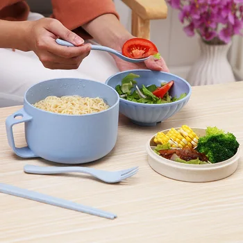 

With Wheat Straw Instant Noodle Bowl Container Students Bowl with Lid Large Size Household Japanese Style Bowls and Chopsticks S