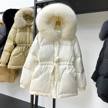 

2022new Large Natural Fur Collar Hooded Winter Women 90% White Duck Down Coat Thick Warm Loose Down Jacket Ladies Snow Outwear